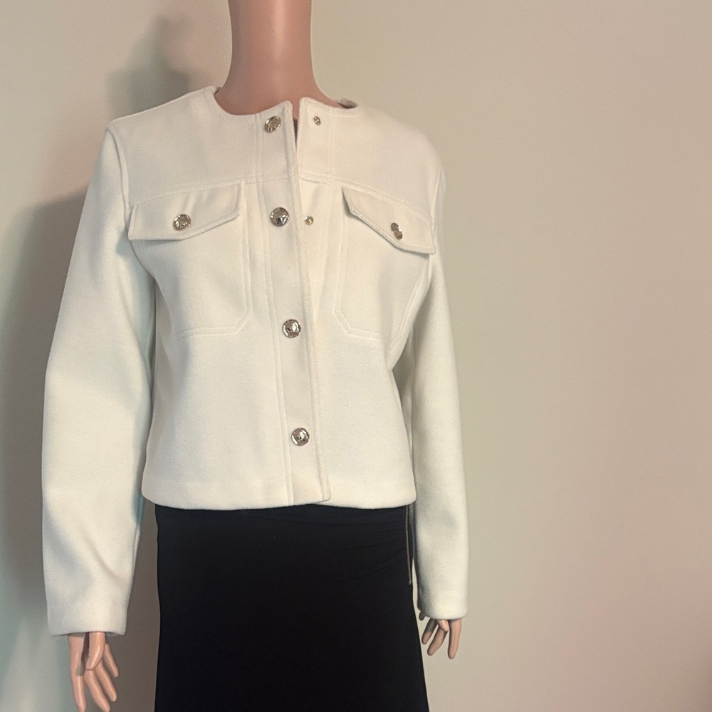 Zara White Collarless Button Front Jacket